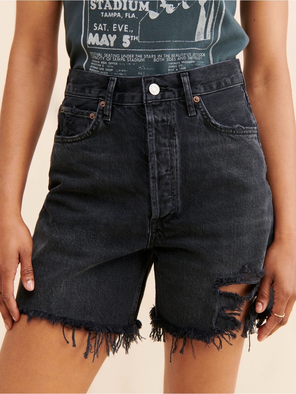 Agolde Stella Black Distressed Button-Fly Denim Shorts
